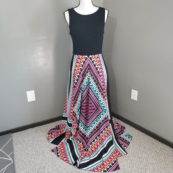 Eliza J Maxi Dress Women's Size 8 Sleeveless Scarf Geometric Print Flowy READ - Picture 2 of 15